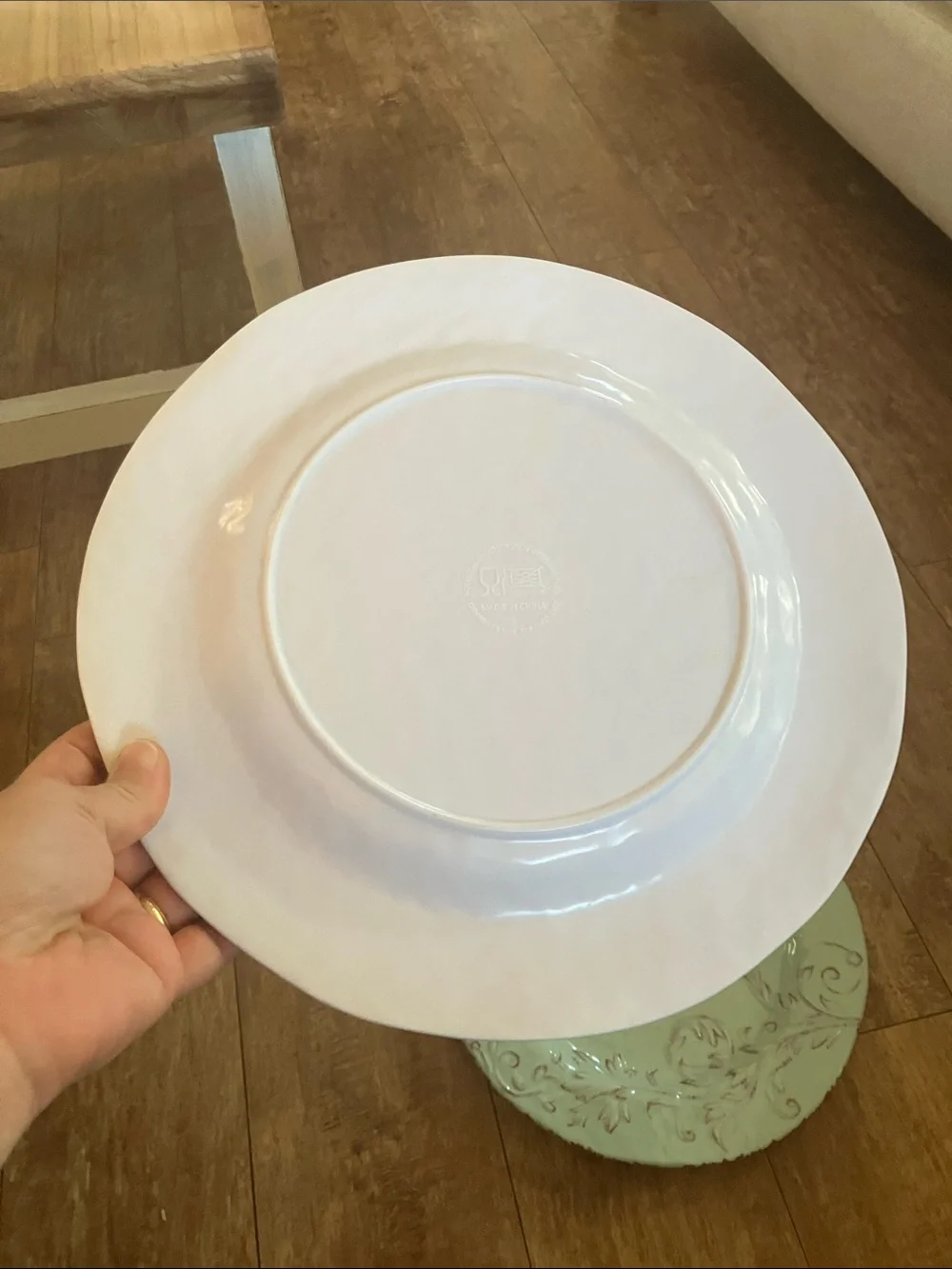 4 Farmhouse Mint Plastic Dinner Plates with Leaves Brown Scroll Accents